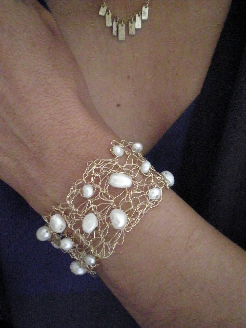 Crochet gold bracelet, 14k gold filled bridal bracelet