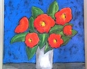Camellias on Shocking Blue Original Painting ooak Art