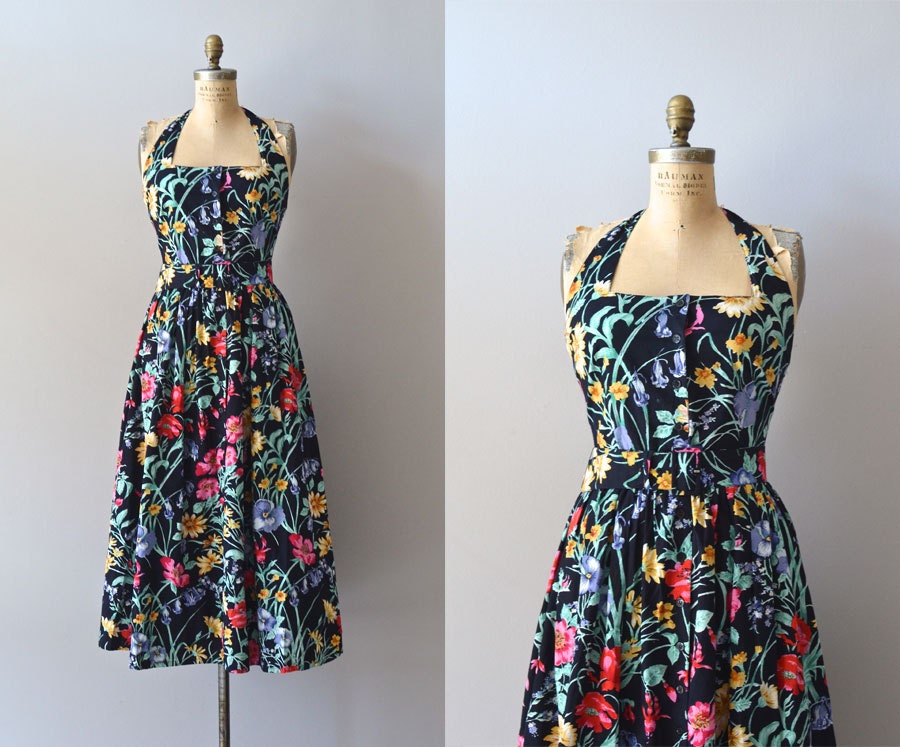 vintage black floral dress / 80s floral halter dress / Hillwood dress