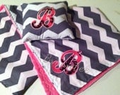 Baby Girl or Boy Reversible Blanket and Pillow with Minky Personalized Monogram Name and Initial Appliqué You Choose Fabrics