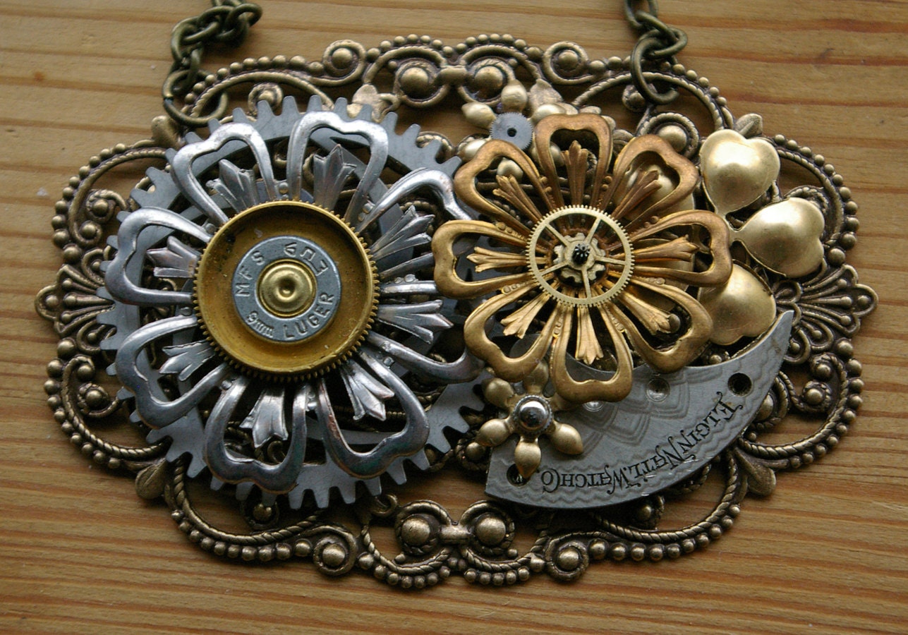 Bullseye Blossom Steampunk Statement Necklace - Brass