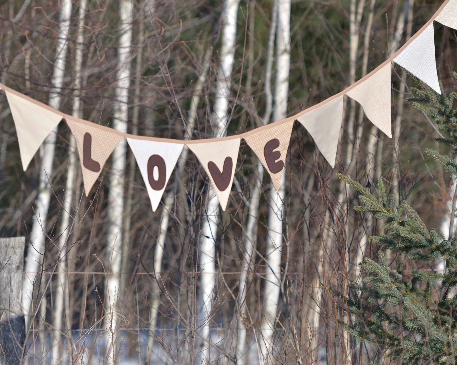 Love Flag Bunting - Garland Pennant Banner in Neutrals Brown Linen - Rustic Modern Wedding Decor - Spring Celebrations - Photo Prop