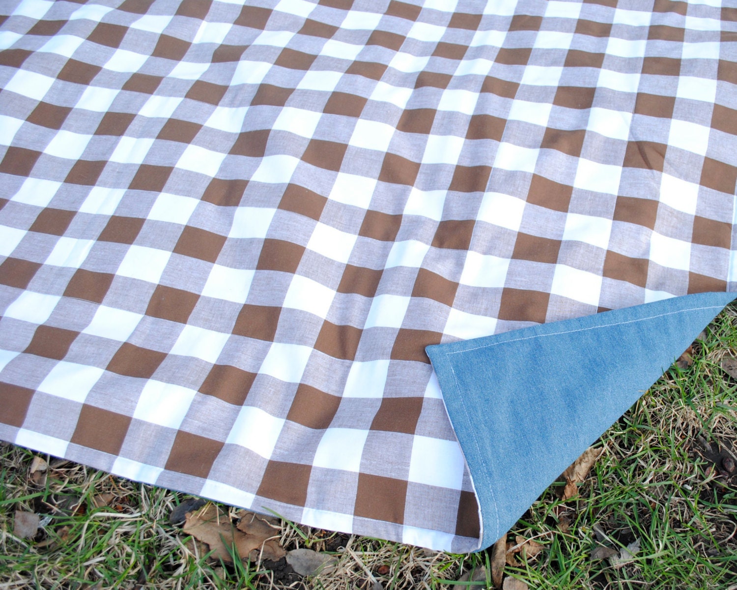 Gingham PICNIC BLANKET - XL Quilted Outdoors Food Blanket - Retro Chocolate Brown White Checks - Camping Blanket (Ready to Ship)