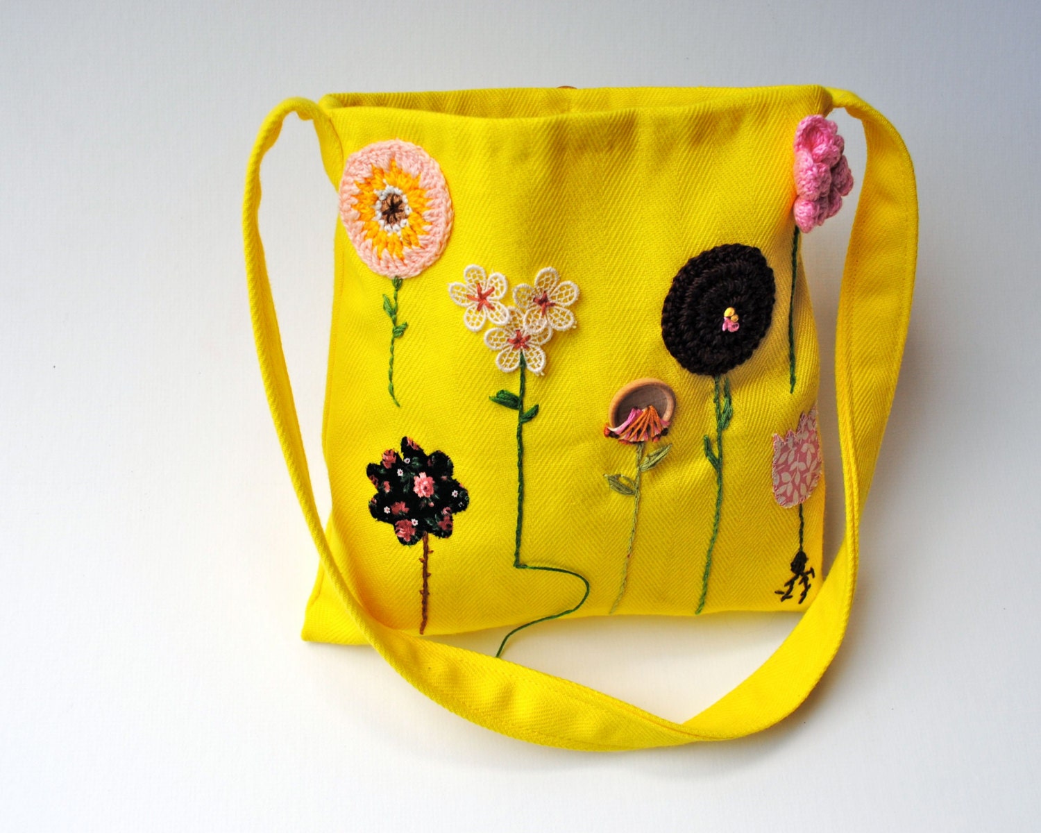 Organic Kids Messenger Bag - Summer Flower Gardens in Yellow - Hand Embroidered Cross Body Girls Purse (Ready to Ship)