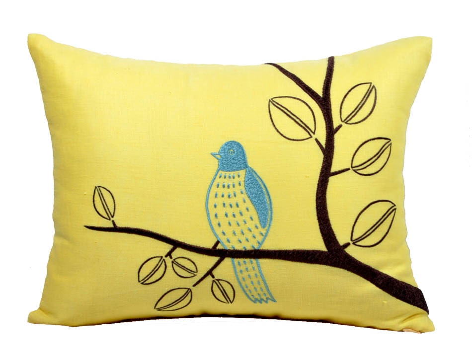 Bird  on Branch Lumbar Pillow Cover, Decorative Pillow Cover,Yellow Linen with Teal Bird Cushion cover, Pillow Accent12 x 16