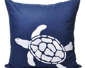 Sea Turtle Pillow Cover, Navy Blue Linen with White Sea Turtle, Decorative Throw Pillow, Pillow Case 18 x 18, Beach Couch Pillow