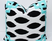 Custom Fretwork Trim Black White Ikat Pillow 20" Turquoise Sky Blue Grosgrain Trim