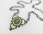 Peyote Triangle Pendant Necklace Chatreuse Black White Beadwork Seed Beads