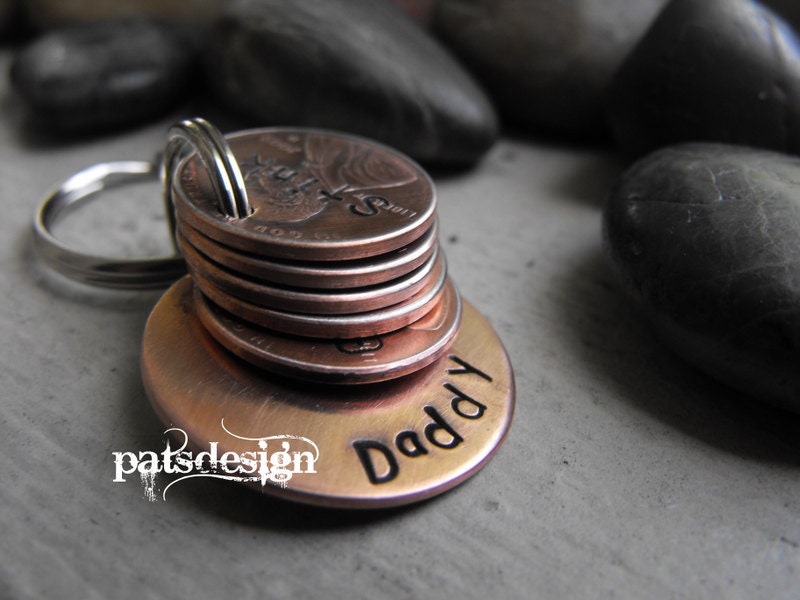Lucky Us Copper Keychain with five lucky pennies
