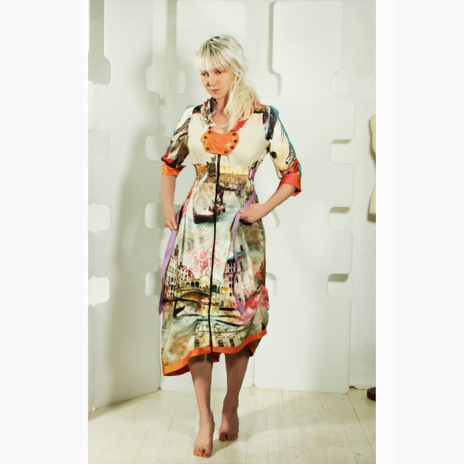 Handmade DRESS Romance in Venice Italy Summer Spring mixed media art to wear Couture