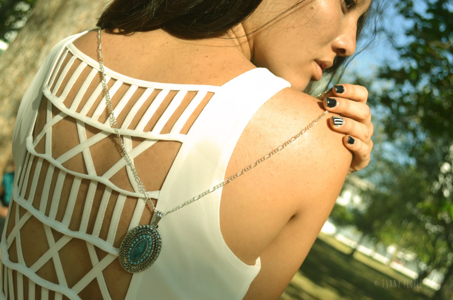 Boho Necklace Bohemian Hipster Silver Chain Turquoise Enamel Pendant