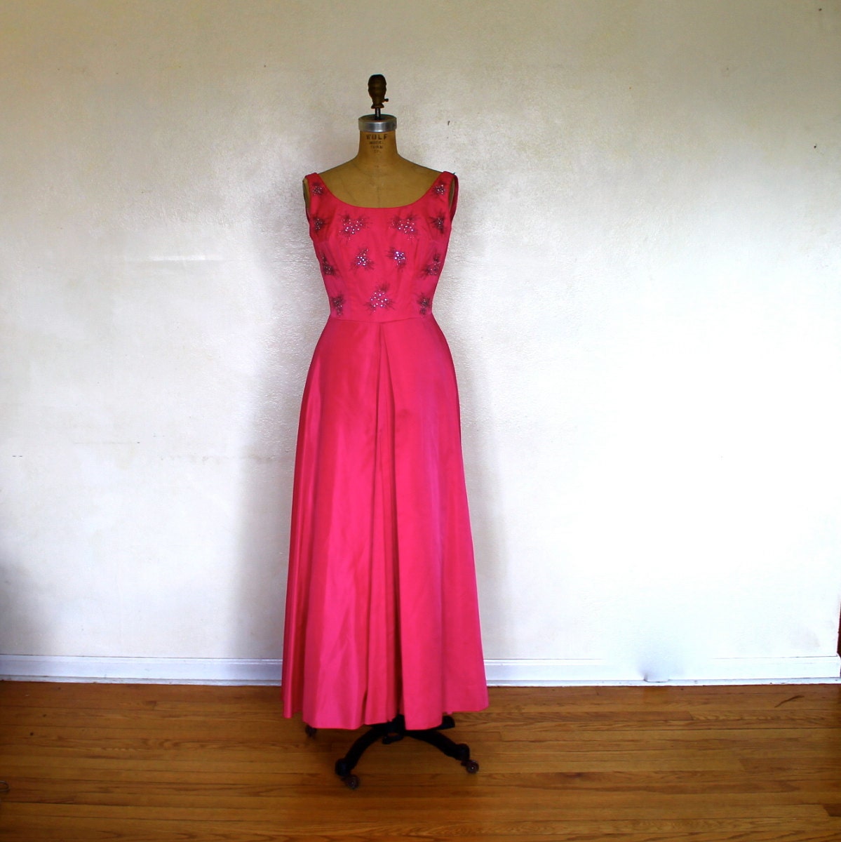 Hot Pink Dress or Gown Beaded // prom or bridesmaids dress sleeveless 1960s 60's
