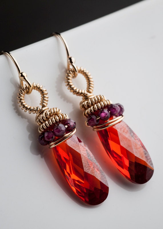 Gold Coil Earrings w/ Bright Red Cubic Zirconia and Tiny Rhodolite Garnet: Adami
