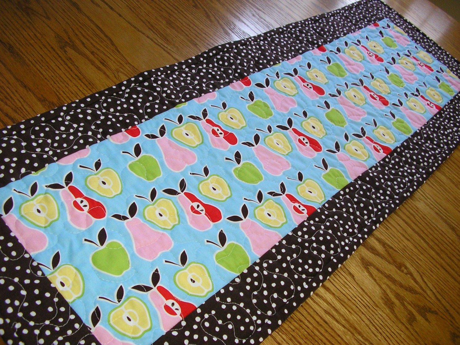 Modern Apples and Pears Quilted Table Runner  14 1/2  x 41 inches