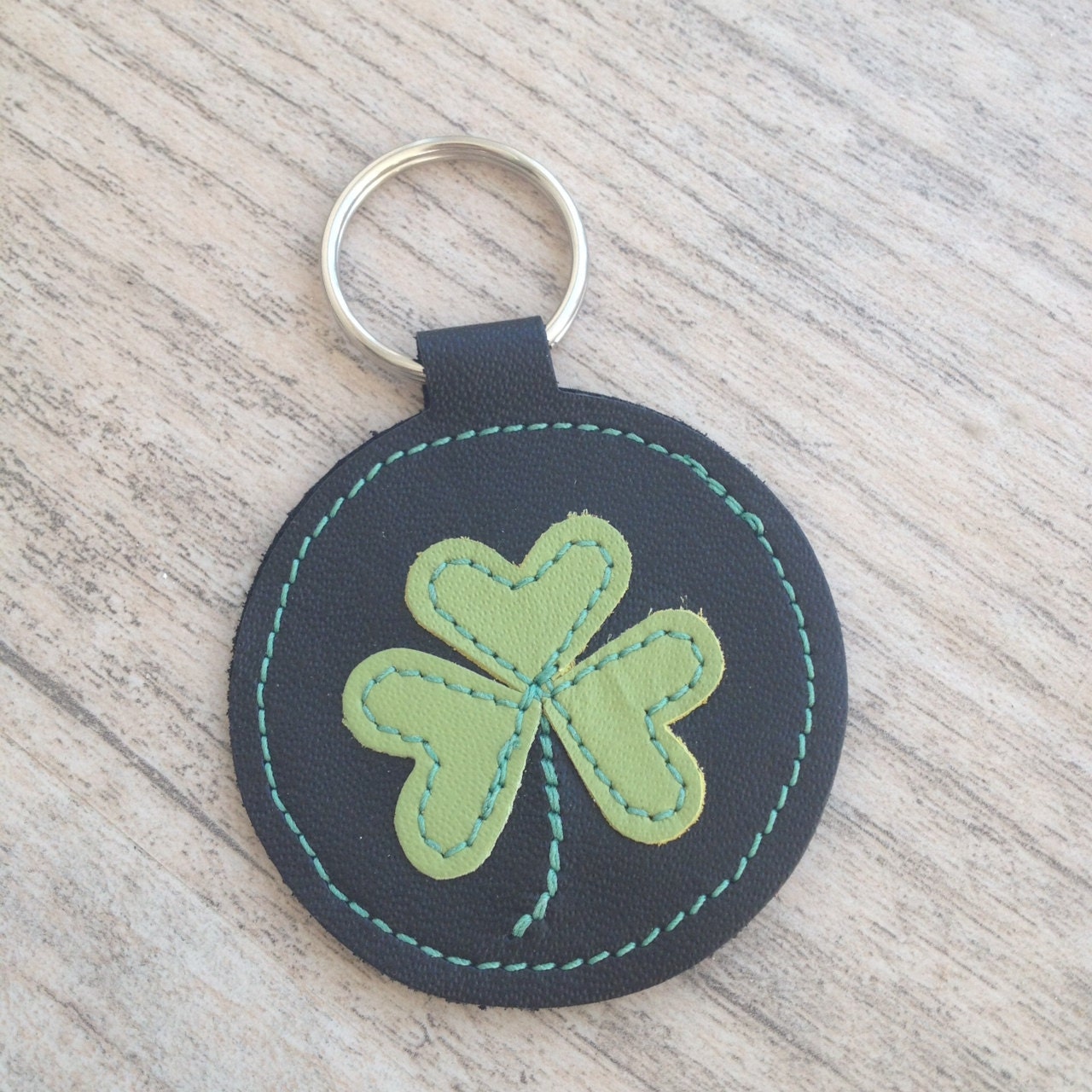 Mally Leather Keychain Key Fob with Saint Patricks Day Themed Shamrock in Lime Green on Black