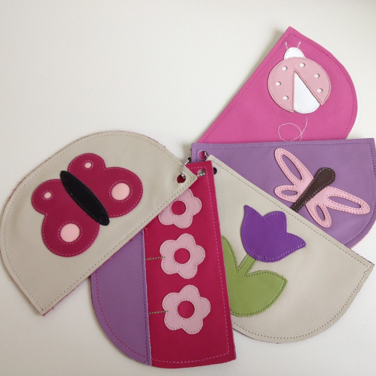 5 piece Spring theme leather design swatch set - butterfly, daisies, tulip, dragonfly, ladybug - great for kids flashcards, craft use, etc.
