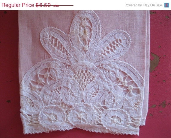 50% OFF storewide sale vintage LINEN napkin 1950s embroidered hand towel fingertip PINK
