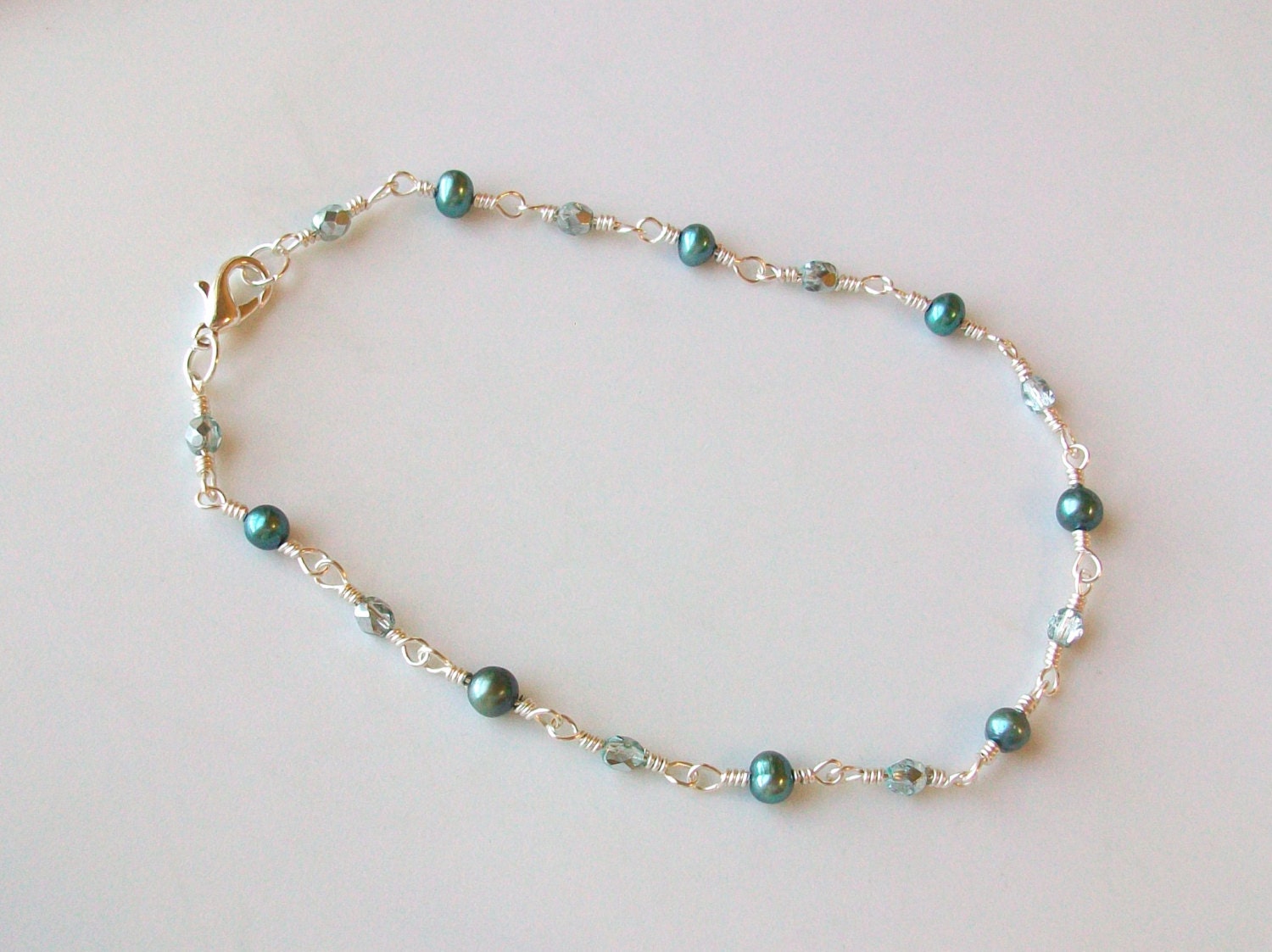 Ocean FW Pearl and Icy Teal Czech Crystal Wire Wrapped Chain Link Anklet - Ankle Bracelet