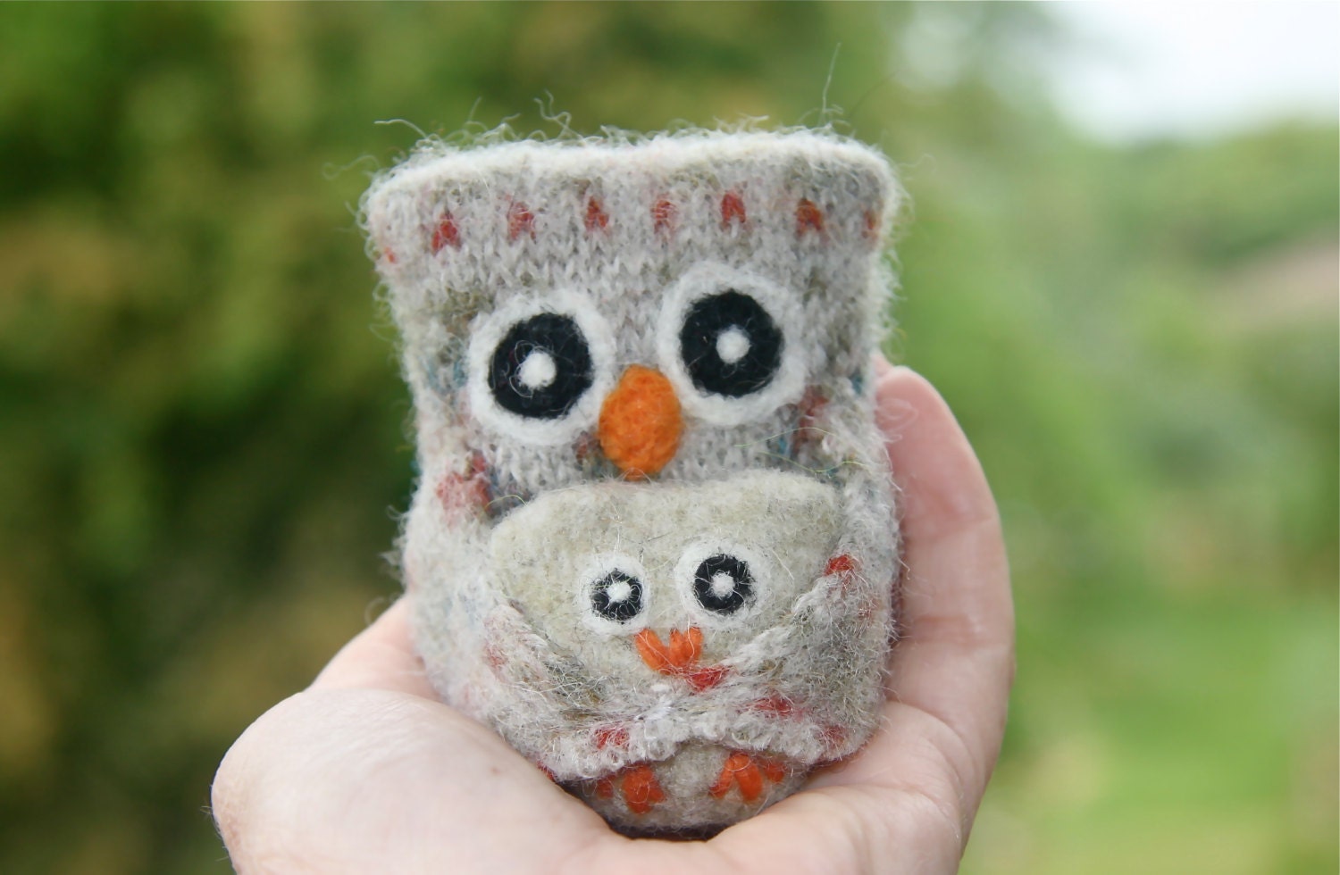 Papa Owl and Baby Rolly Parent Owl holding it's little One eco friendly wool Fathers Day (woolcrazy)