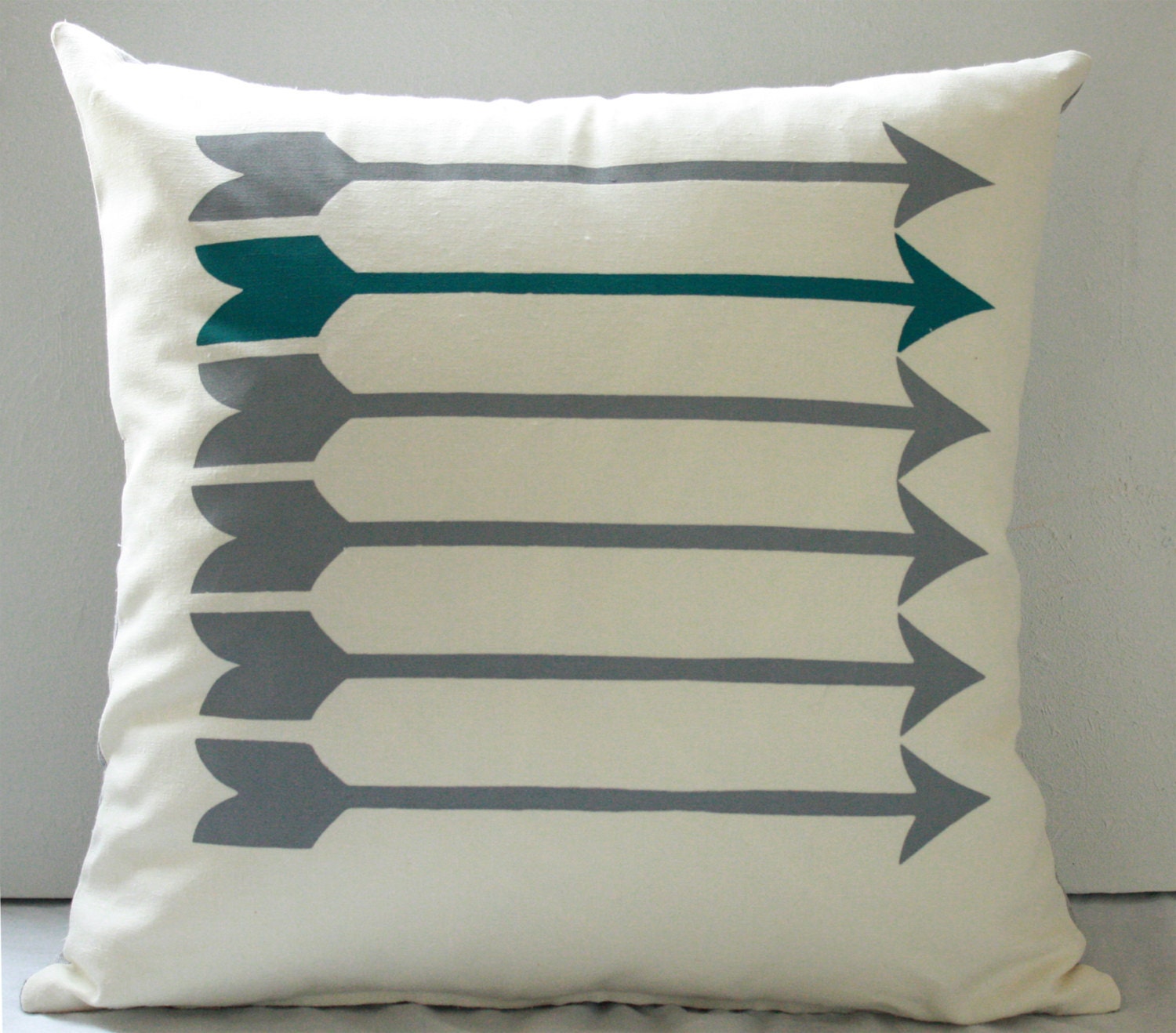 Sharp Shooter - arrow pattern, teal and grey organic screenprinted pillow 19 x 19