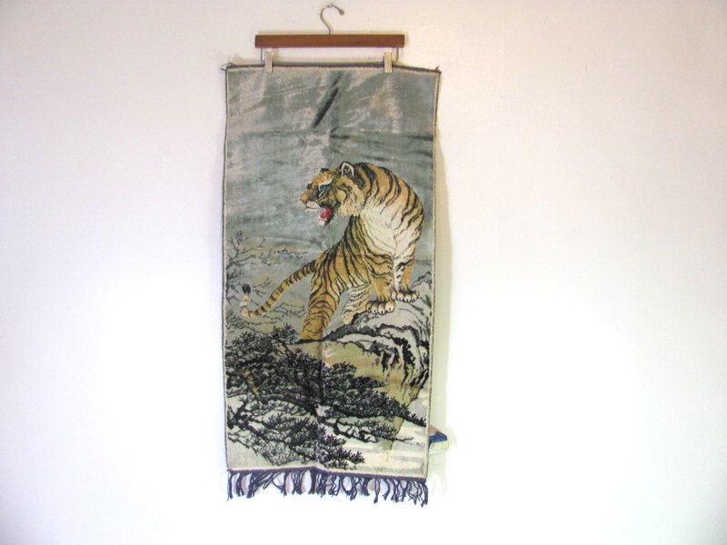 Vintage tiger velveteen tapestry wall hanging