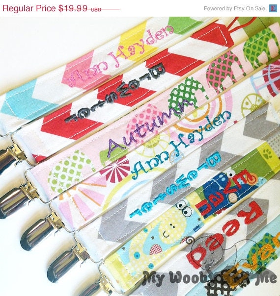 SALE SALE SALE Pacifier Clip Set - Any Two Personalized Pacifier Clips - Universal ( ribbon loop) or Snap - GumDrop Soothie Mam Avent