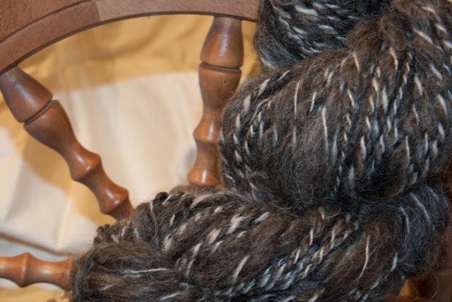 Art Yarn, HandSpun Shetland, Two ply. Natural charcoal and silver grey.  Home grown by Laruetta and Fred.