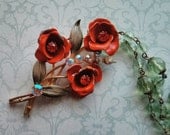 Vintage Costume Jewelry redux Necklace orange green AB rhinestones flowers, Flourishing, FREE SHIPPING by Maddie Lisee