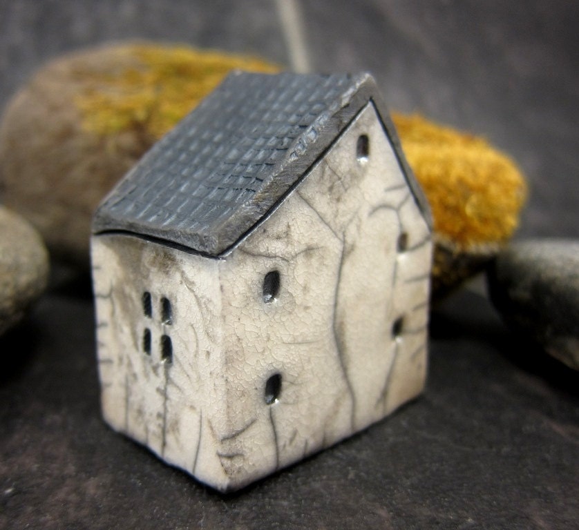 Rustic White Cottage...Raku Fired Miniature House