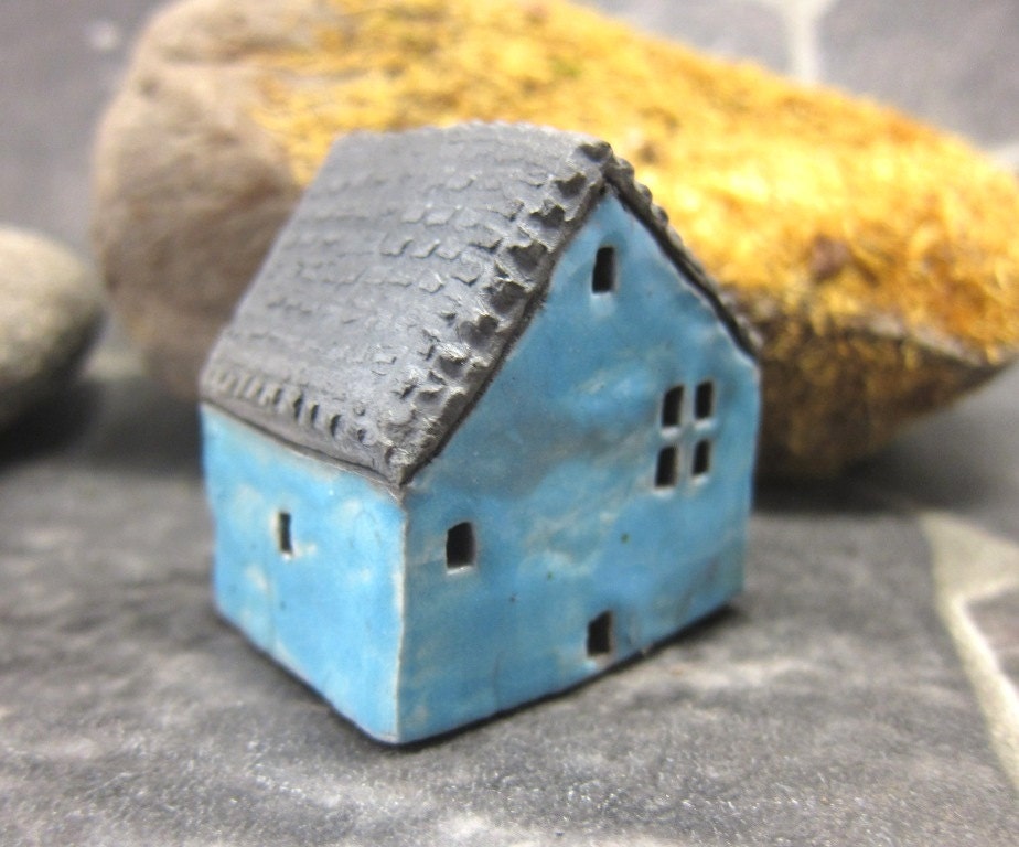Rustic Blue Cottage...Raku Fired Miniature House