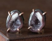 One of a Kind Blue-white Druzy Agate Geode Studs -14kt Rose Gold