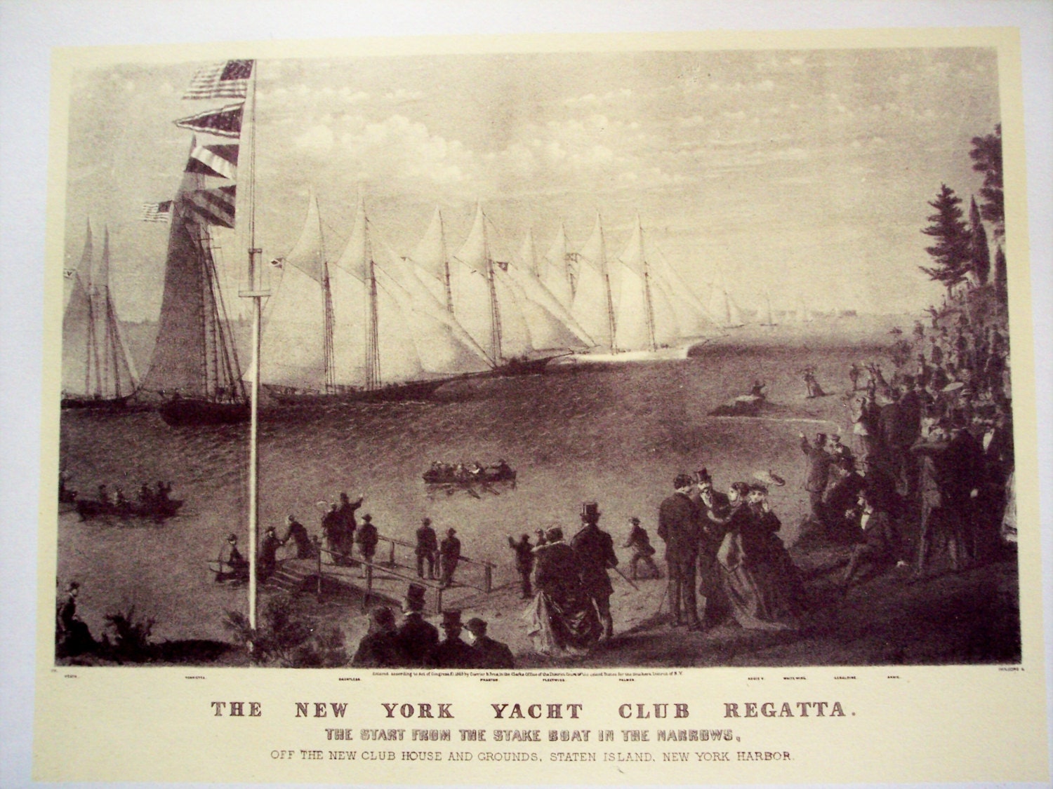 1942 Currier and Ives print, Vintage Mississippi River Boats and New York Yacht Club