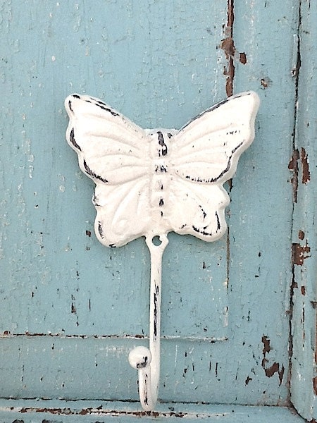 Wall Hook , Cast Iron Butterfly Hook , Kitchen Hook, Summer Aqua, Creamy White, Garden
