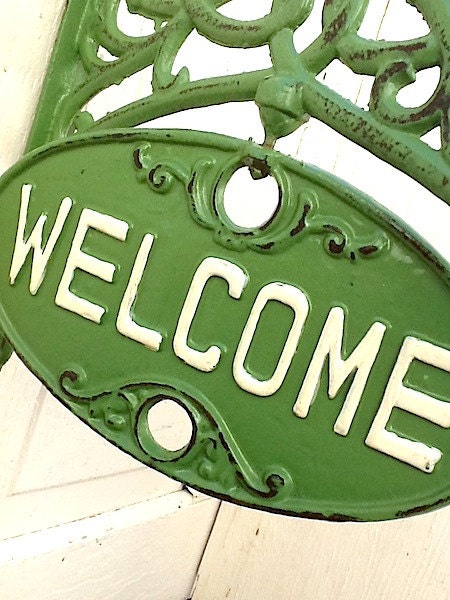 Welcome Sign, French Farmhouse Red, Go Away , Chippy and Distressed , Red Wall Decor, Green Sign, New House