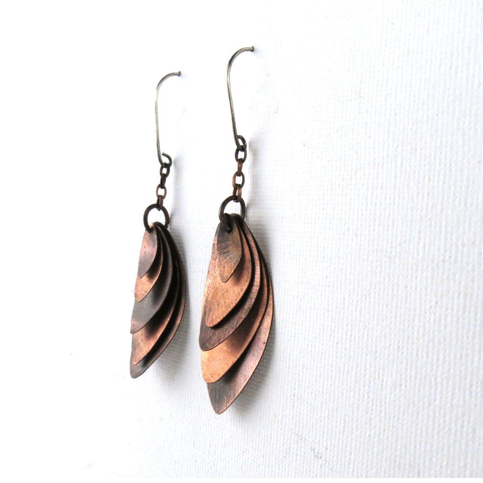 rustic earthy copper petal hanging earring with oxidized finish . handmade . free shipping domestic