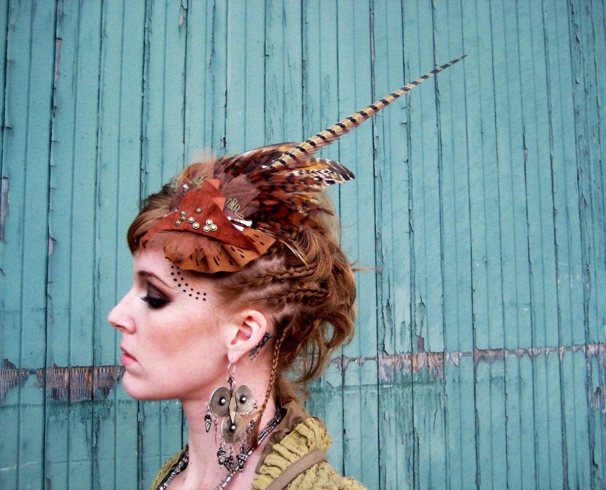 Ruins of Antiquity and Mystery . Feather and Recycled Leather Steampunk Fascinator Hat