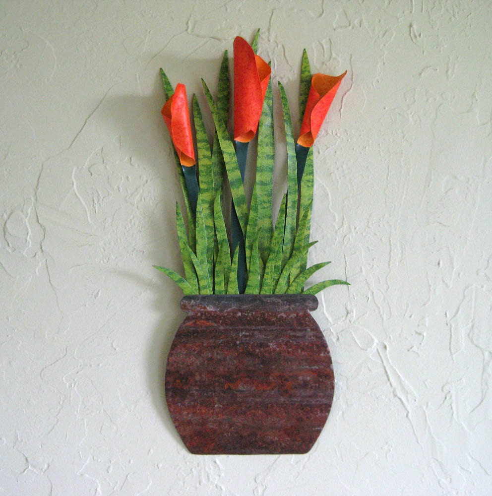 Metal art wall sculpture decor Calla lily flower pot upcycled metal kitchen art red orange 9 x 20
