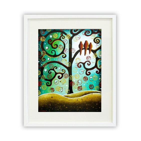 Giclee Print Bird Family - Folk Art Abstract Tree of Life Whimsical Art - Animal Art Abstract Landscape Emerald Green 11x14 Signed