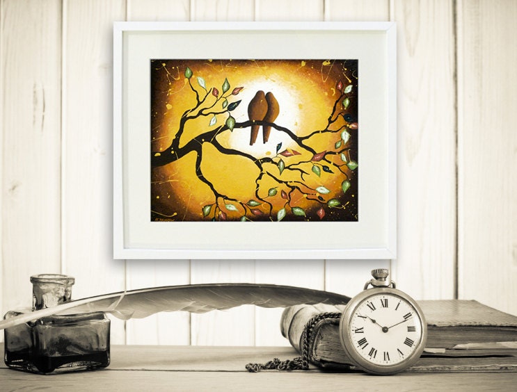 Love Birds Print, Vintage Inspired Rustic Country Decor, Mustard Yellow Wedding Gift 11x14 Signed