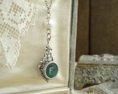 Typewriter Key Jewelry - Rare Green Letter F Vintage Typewriter Key Necklace. Antique Silver with White Glass Pearl. Upcycled Jewelry.