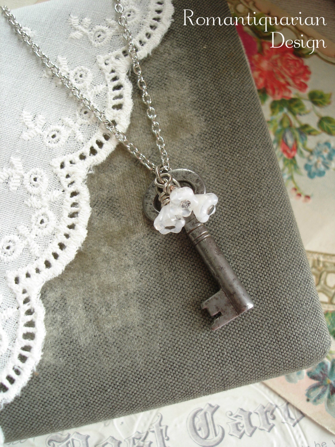 BRIDESMAID GIFTS Set of 5 Antique Skeleton Key Necklaces. Rustic Wedding Jewelry. Vintage Key Necklace & Bell Flowers. Repurposed Jewelry.