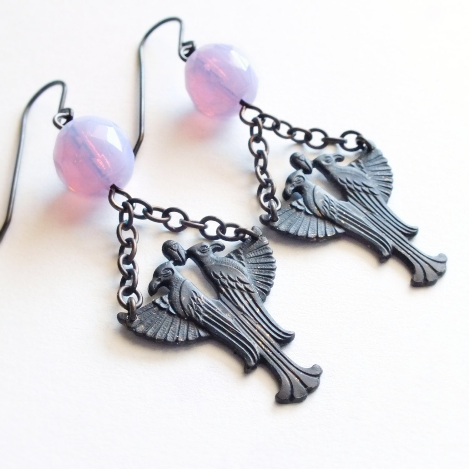 Egyptian Bird Earrings Antiqued Brass Lilac Glass Opal Beads Ancient Egypt Falcon