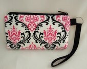 iPhone 5, 4,Droid, Blackberry, Samsung,IPod Touch  HTC CASE  Pouch Wristlet (Padded , pocket, zipper closure)Black Pink Damask