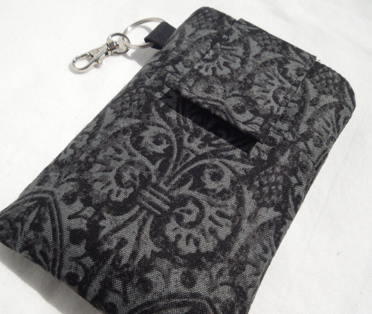 iPhone 5, 4,Droid, Blackberry, Samsung,IPod Touch  HTC CASE (Padded , pocket and cover) --  Black Gray Damask Cotton Fabric