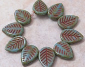 17x12mm Opaque Turquoise Picasso Czech Glass Leaf Beads - Qty 10 (E84)