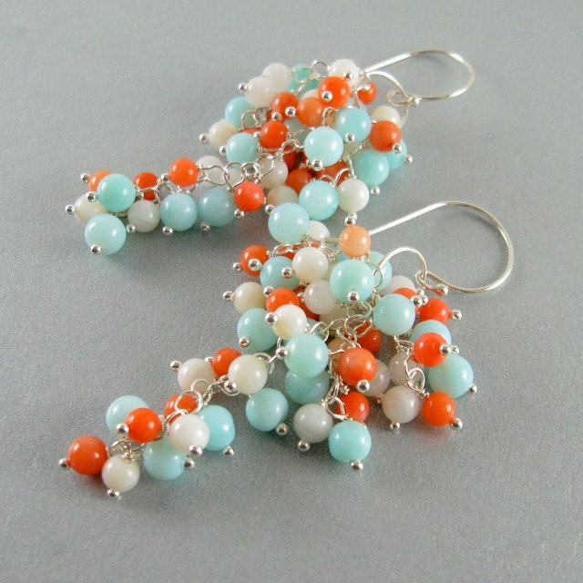 Coral, Mother of Pearl And Peruvian Opal Cluster Dangle Earrings