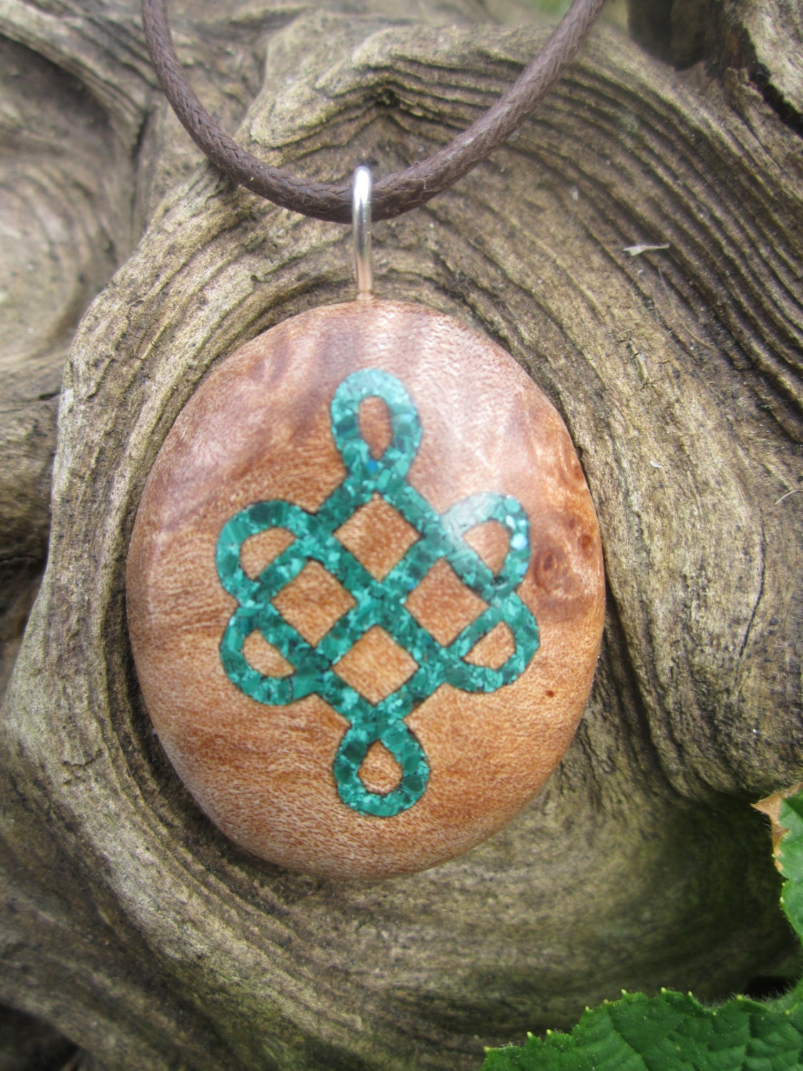 Love Knot Inlay Necklace- Malachite Inlaid in Birdseye Maple Burl