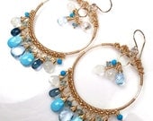 Blue Gemstone Hoop Earrings Wire Wrapped London Blue Topaz Moonstone Turquoise14kt Gold Fill Statement Earrings- Anita