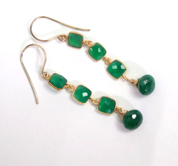 Emerald Green Earrings Green Onyx 18kt Gold Vermeil Bezel Set Luxury Spring Fashion Long Dangle - Esme