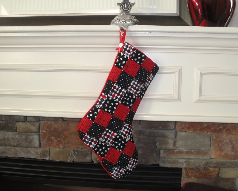 Patchwork Christmas Stocking - Puppy Paw Prints - Quilted